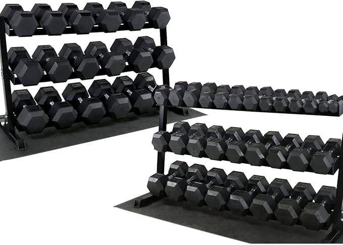 WF Athletic Supply Rubber Coated Hex Dumbbell Set, Multiple Choices Available - Dumbbells with Rack Stand and Mat, or Dumbbells Only (200/550/1200/2100/3000 LB)-FlexoryFit