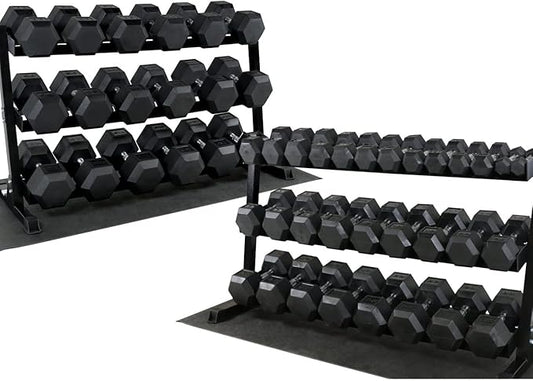 WF Athletic Supply Rubber Coated Hex Dumbbell Set, Multiple Choices Available - Dumbbells with Rack Stand and Mat, or Dumbbells Only (200/550/1200/2100/3000 LB)-FlexoryFit