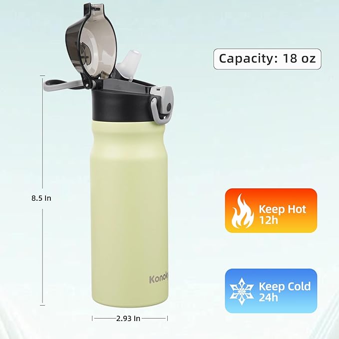 Insulated Water Bottle with Straw and Carry Loop,18 oz Stainless Steel Double Wall Vaccum Metal Water Flask with Leak-proof Lid,Macaron Green-FlexoryFit