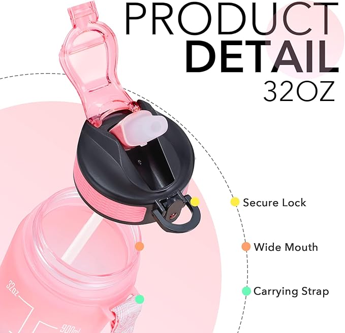 Hyeta 32 oz Water Bottles with Times to Drink and Straw, Motivational Water Bottle with Time Marker, Leakproof, Drinking Sports Water Bottle for Fitness, Gym and Outdoor-FlexoryFit