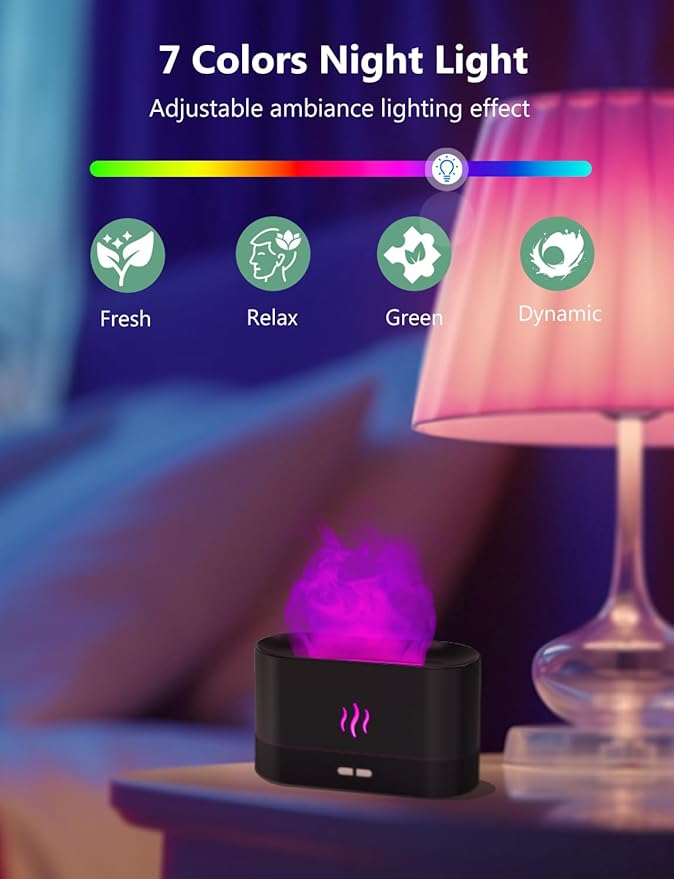 Air Humidifier, Essential Oil Diffuser with Led Flame Light - 7 Colors, 180mL Capacity (8 Hours), Noiseless Operation, Auto-Off Protection - Perfect for Home Bedroom Office Gifts(White)