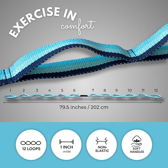 California Yoga Strap | Yoga Belt with Loops | 12 Multi Loop & Non-Elastic | Stretching Strap | Gym Workout & Exercise Bands | Physical Therapy | Improves Sitting Posture for Women & Men-FlexoryFit