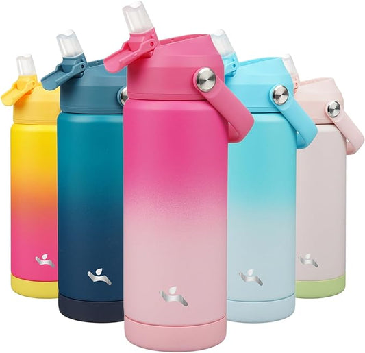 Insulated Water Bottle with Straw Lid,18 oz Stainless Steel Vacuum Metal Bottle with Silicone Handle,Cherry Blossom-FlexoryFit