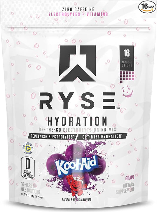 RYSE Hydration Electrolyte Powder Drink Mix Packets - Kool-Aid Grape - Sugar-Free Full Spectrum Electrolytes with Essential Vitamins, Taurine and Choline for Rehydration - 16 Serving Sticks