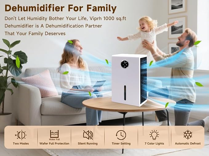 Dehumidifier for Home 1000 sq.ft 120 Ounce Energy Saving and Tank Quiet with 7 Colors LED Light WithTouch Screen Portable Home for Bedroom Bathroom Basement