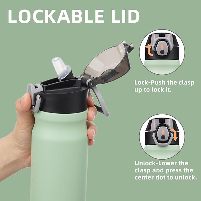Insulated Water Bottle with Straw and Carry Loop,18 oz Stainless Steel Double Wall Vaccum Metal Water Flask with Leak-proof Lid, Avocado Green-FlexoryFit