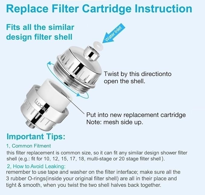 4 Pc Luxau 20 Stage (Also Fit 15, 18 Stage) Shower Filter Replacement Cartridge, Shower Head Filter Refill, for Hard Water Chlorine Heavy Metal, Skin Hair, Fit Any Similar Design Shower Water Filter