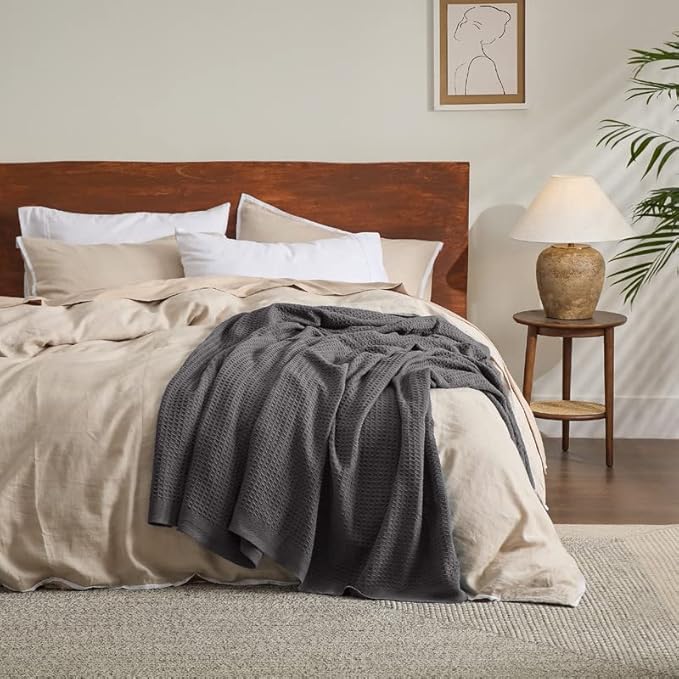 Bedsure 100% Cotton Blanket King Size for Bed - Breathable and Soft, Waffle Weave Blanket for Summer, Thick Cozy Fall Blankets for Women Gift, Dark Grey, 104x90 inches