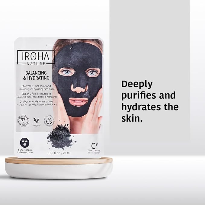 IROHA NATURE Rebalancing & Hydrating Tissue Face Mask | 15 Pieces | With Charcoal & Hyaluronic Acid | Deep Purifying for Clean, Clear Skin | Results in 15 Minutes | 100% Vegan-FlexoryFit