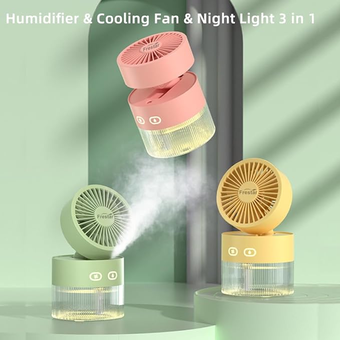 Personal Cooling Fan and Small Air Humidifier 350ml with LED Night Light, Desktop USB Charging Humidifier and Fan 3 in 1 for Office and Small Room, No Battery (Green)