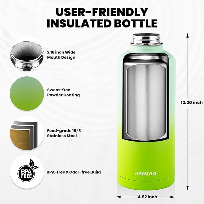 Insulated Water Bottle 87 oz, Triple Wall Vacuum Stainless Steel (Cold for 48 Hrs), Leak Proof & Non-BPA, Modern Water Flask Jug with Paracord Handle & Straw Spout Lids, Ombre Green-FlexoryFit