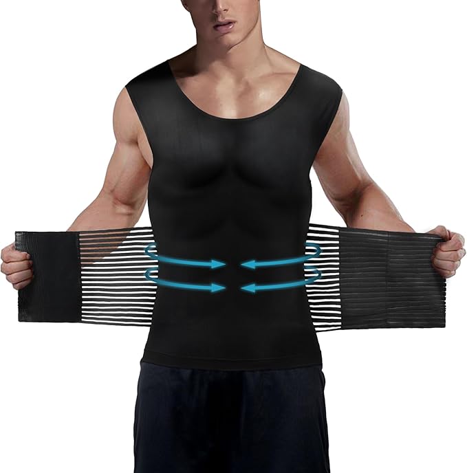Odoland Men Body Shaper Compression Shirt, Adjustable Velcro Waist Trimmer Belt Intensity, Slimming Shapewear Tummy Control-FlexoryFit