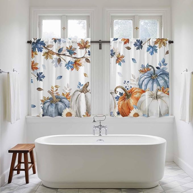 Navy Blue Pumpkin Fall Kitchen Tier Curtains 45 Inch Long 2 Panel Set, Rod - Image 5