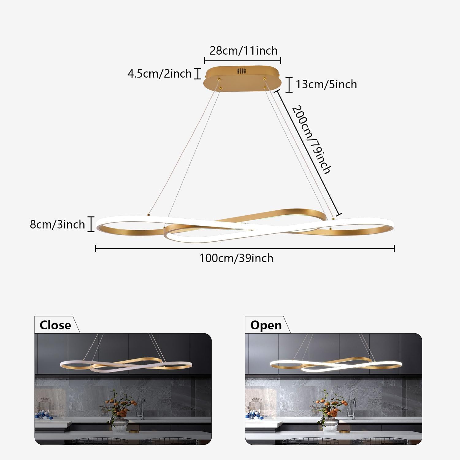 Gold Led Chandeliers for Dining Room Light Fixture Modern Led Pendant Light Kitchen Island Lighting for Kitchen Island Chandelier Over Table, Dimmable Adjustable Height Pendant Light Ceiling Hanging