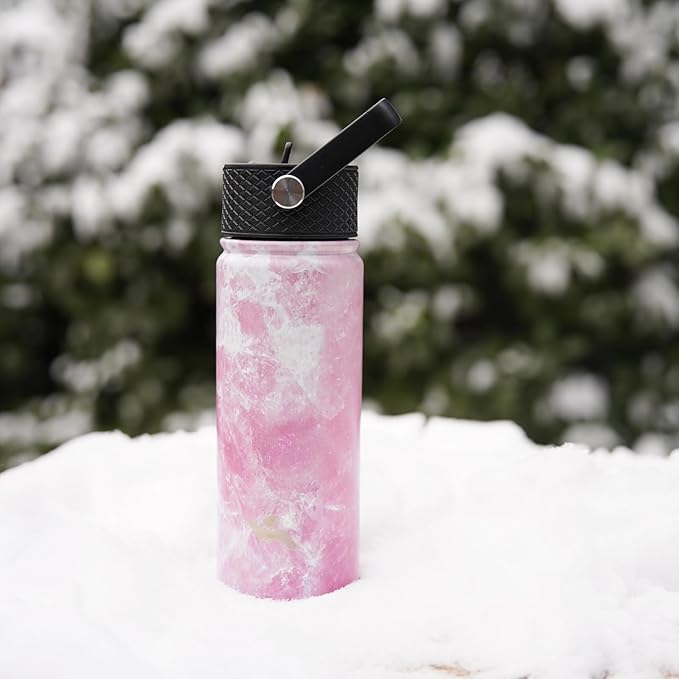 18 oz Insulated Water Bottle Stainless Steel Sport Bottles with 3 Lids,Marble Blossom-FlexoryFit