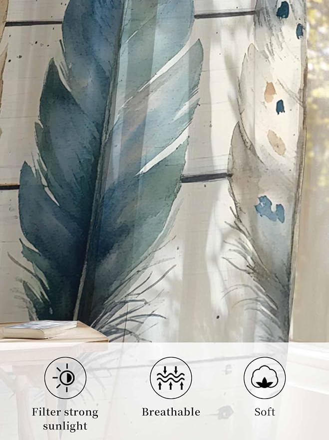Sheer Curtains 54 Inch Length, Boho Blue Feathers Semi Sheer Curtains Light - Image 6