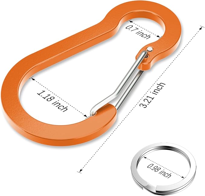 sprookber 3.2 Inch Aluminum Carabiner Clips D Ring, Caribeaner Spring Snap Hook with Keychain for Camping, Hiking, Gym & Outdoor Gear, Set of 10