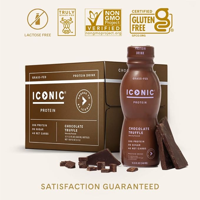Iconic Protein Drinks, Chocolate Truffle (12 Pack) - Sugar Free & Low Carb - 20g Grass Fed Protein - Lactose Free, Gluten Free, Non-GMO, Kosher - Keto Friendly Protein Shakes-FlexoryFit
