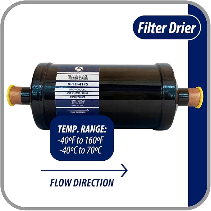 Appli Parts APFD-417S 7/8 in Liquid Line Refrigerant AC Filter Drier hvac Refrigeration 417S ODF Sweat Solder connection universal unidirectional 10-1/2 in long 3-3/4 in wide