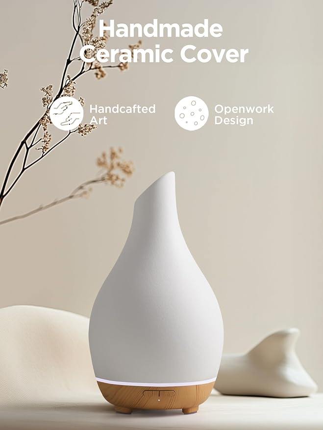 InnoGear Essential Oil Diffuser, 150ml Ceramic Diffuser Handcrafted Stone Aromatherapy Diffusers Ultrasonic Cool Mist Humidifier Vaporizer with 2 Mist Modes Waterless Auto Off for Room Office, White