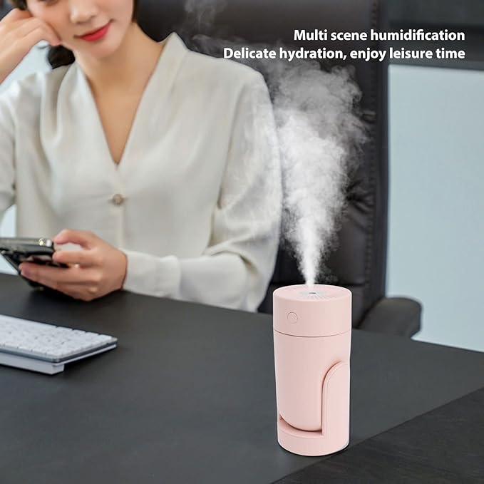 Portable Mini Humidifier,USB Automatic Rotating Super Quiet Small Desktop Cool Mist Humidifier for Bedroom Office Car Travel (Pink)