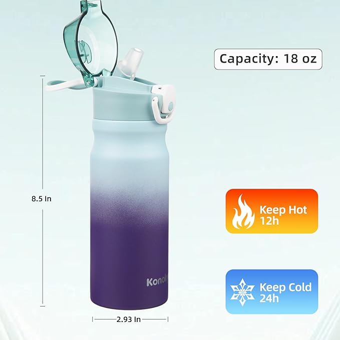 Insulated Water Bottle with Straw and Carry Loop,18 oz Stainless Steel Double Wall Vaccum Metal Water Flask with Leak-proof Lid,Ocean Dream-FlexoryFit