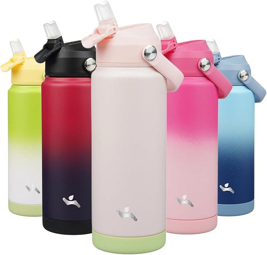 Insulated Water Bottle with Straw Lid,24 oz Stainless Steel Vacuum Metal Bottle with Silicone Handle,Pearl-FlexoryFit