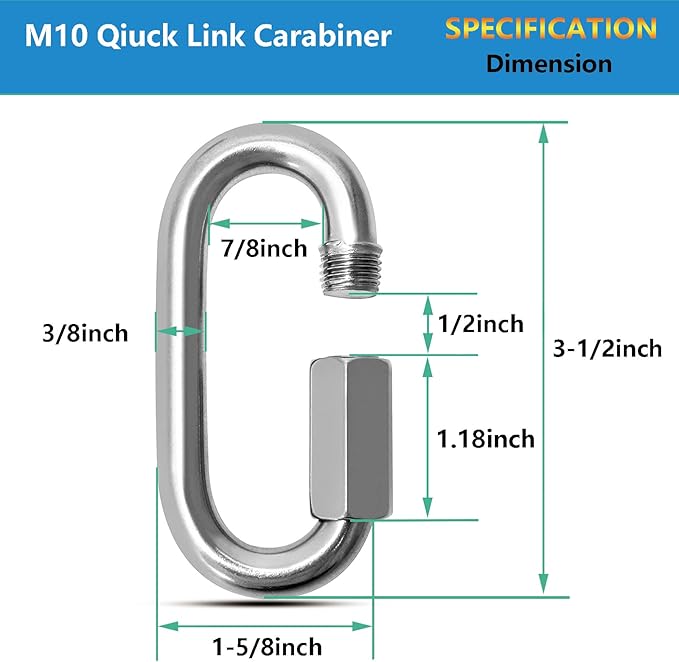 Quick Links, Chain Links Connector, 620lbs Capacity Heavy Duty Carabiner Clips, Galvanized Thread Quick Link Hardware for Safety Chain Swing Gym Hammock, Screw Lock Oval Locking Carabiner