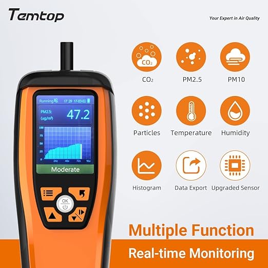 Temtop Air Quality Monitor CO2 Meter Professional CO2 PM2.5 PM10 Formaldehyde Temperature and Humidity Monitor w/Audio Alarm Data Export (M2000 2nd)