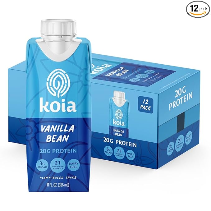 Koia Plant Based Protein Shake, Vanilla Bean, 20g Protein, 3g Sugar, 6g Prebiotic Fiber, 21 Vitamins & Minerals, Meal Replacement Drinks, Dairy-Free, Gluten-Free, Non-GMO, 11 Fl Oz (Pack of 12)-FlexoryFit