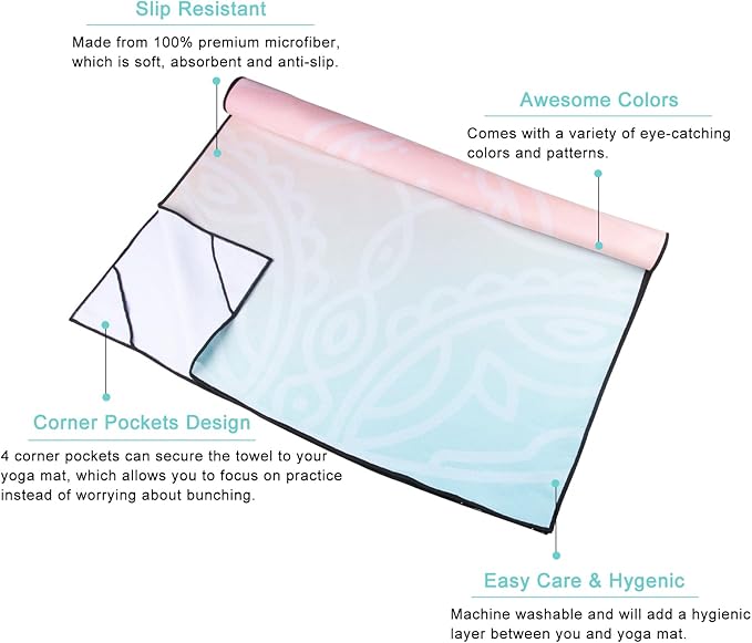 QiyI Yoga Mat Towel with Corner Pockets, Non Slip Sweat Absorbent Hot Yoga Towels, Soft Yoga Blankets with Travel Bag, Skidless Mat Cover for Workout, Gym, Fitness - 70"x26", Dreamy Pink Mandala-FlexoryFit
