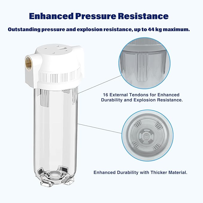 Whole House/RV Water Filter Housing Clear, 10" X 2.5" Inline Sediment Water Filter for RV, Home, Garden, Aquarium, 3/4" G Brass Port, R-Type O-Ring, Heavy Duty Bracket, with PP Filter - 1025CBP
