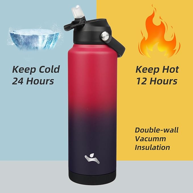 Insulated Water Bottle with Straw Lid,40 oz Stainless Steel Vacuum Metal Bottle with Silicone Handle,Rosy Red-FlexoryFit