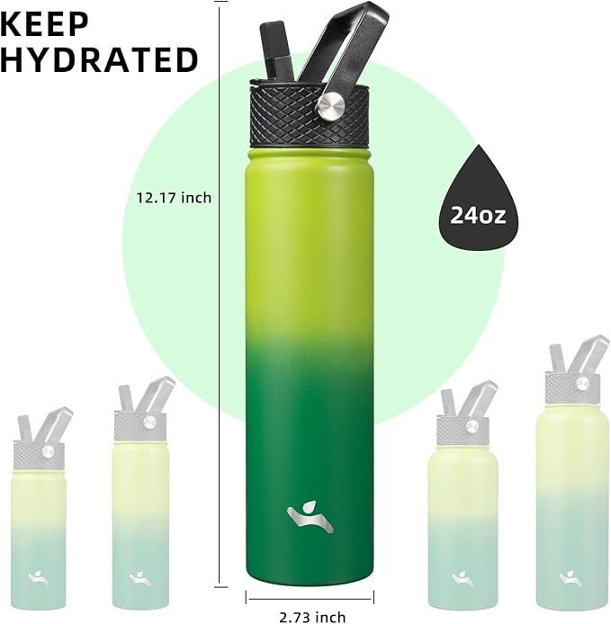 Insulated Water Bottle 24oz Stainless Steel Sport Bottles with 3 Lids,Bamboo Grove-FlexoryFit