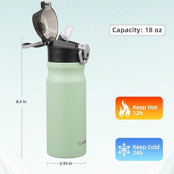 Insulated Water Bottle with Straw and Carry Loop,18 oz Stainless Steel Double Wall Vaccum Metal Water Flask with Leak-proof Lid, Avocado Green-FlexoryFit