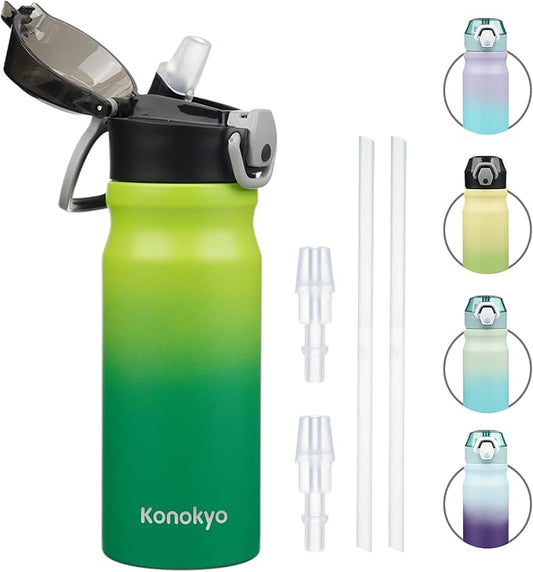 Insulated Water Bottle with Straw and Carry Loop,18 oz Stainless Steel Double Wall Vaccum Metal Water Flask with Leak-proof Lid,Matcha Green-FlexoryFit