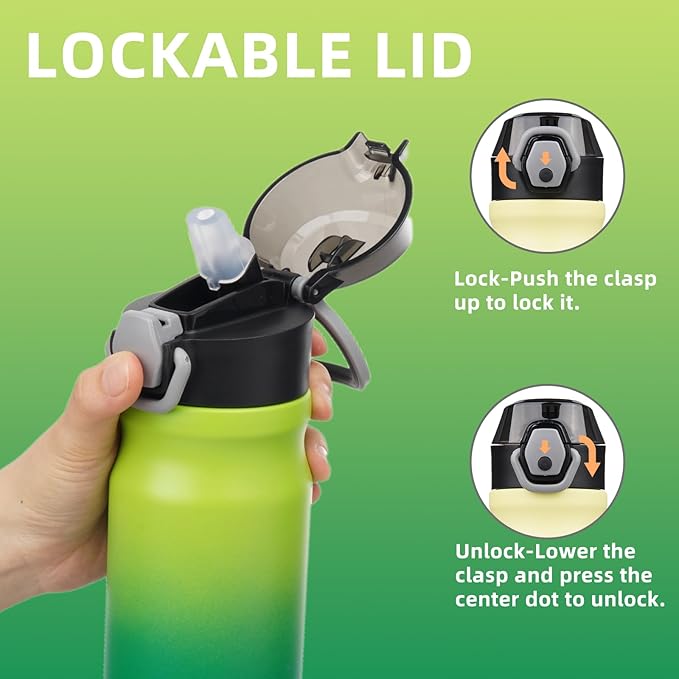 Insulated Water Bottle with Straw and Carry Loop,18 oz Stainless Steel Double Wall Vaccum Metal Water Flask with Leak-proof Lid,Matcha Green-FlexoryFit