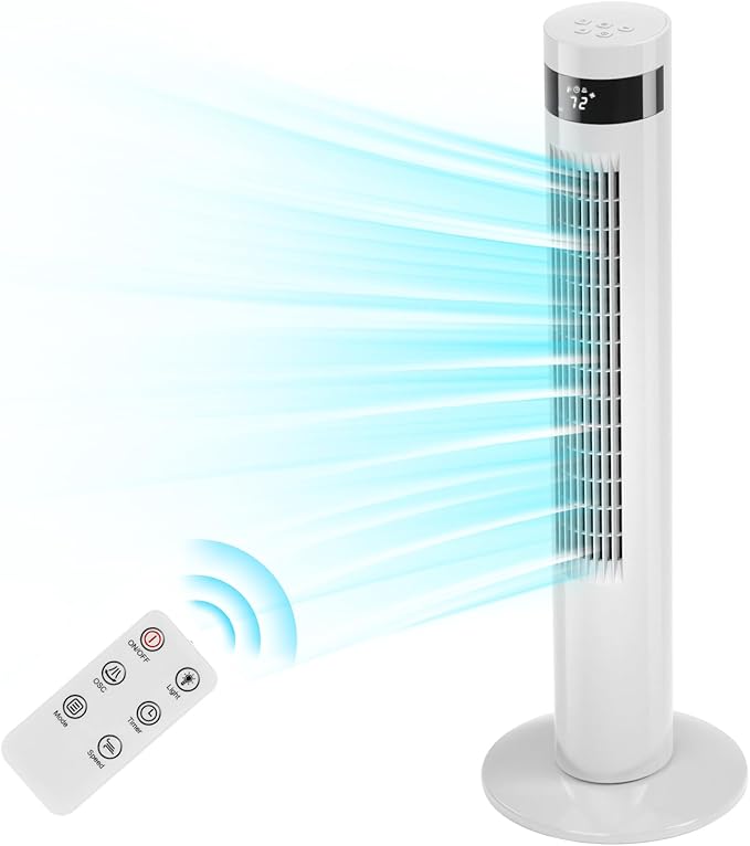 Antarctic Star Tower Fan Portable Floor Fans 85°Oscillating Fan 36'' Quiet Cooling 12H Timer Remote Control Standing Bladeless Electric 3 Speeds Wind 3 Modes Bedroom Office(36 inch, White)