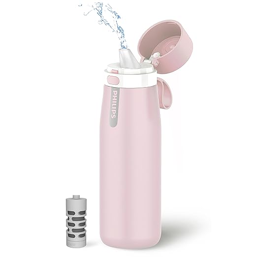 PHILIPS Water Bottle with Filter, Filter Water Bottle Stainless Steel with GoZero Everyday BPA-Free Tap Water Filter, Water Filter Bottle Keep Drink Cold 24 Hours, 1 Filter for 40 gal / 2 Months