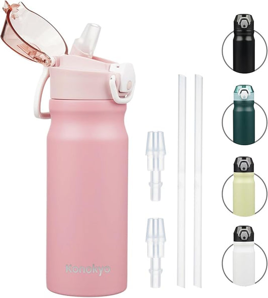 Insulated Water Bottle with Straw and Carry Loop,18 oz Stainless Steel Double Wall Vaccum Metal Water Flask with Leak-proof Lid,Pink-FlexoryFit