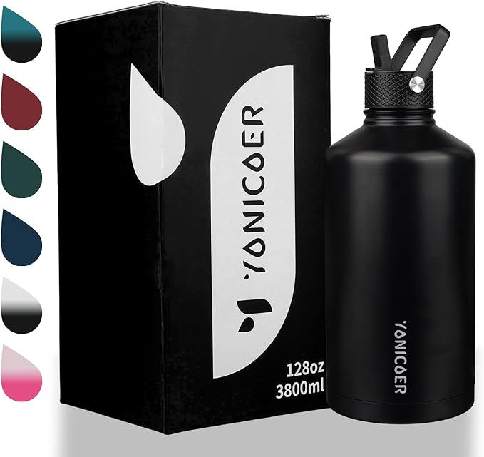 Insulated Water Bottle 64oz,Triple Wall Vacuum Stainless Steel(Dishwasher Safe),Leak Proof & Non-BPA,Flask Jug with Paracord Handle & Straw Spout Lids Sports-FlexoryFit