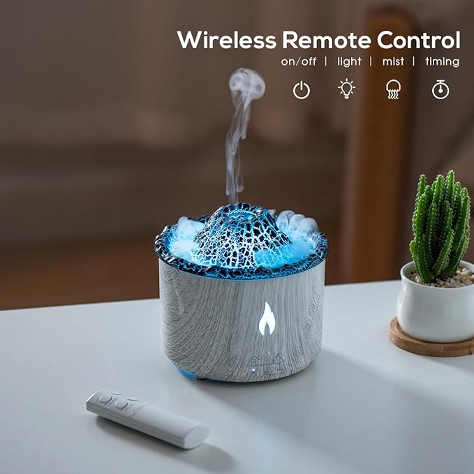 300ml Essential Oil Diffuser, Ice Volcano Flame Aromatherapy Diffusers Fragrant Humidifier Vaporizer with Remote Control, Night Lights, Timer Auto Off for Bedroom Office (Light Wood Grain)
