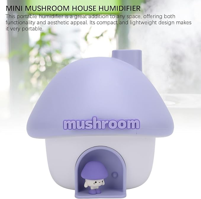 Travel Portable Cute Mushroom House Design Humidifier with Night Light, Personal 300ml Silent Humidifier for Office, Bedroom Car
