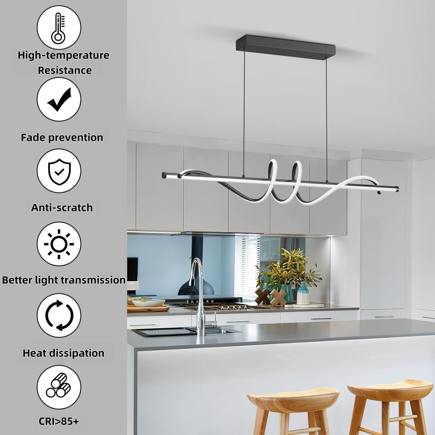 Modern LED Pendant Lights, Ceiling Chandelier Dimmable with Remote Control 3000k-6000K Adjustable Color Temperature, Aluminum Island Lighting Lamp Fixture for Kitchen, Dining Room(39in Black)