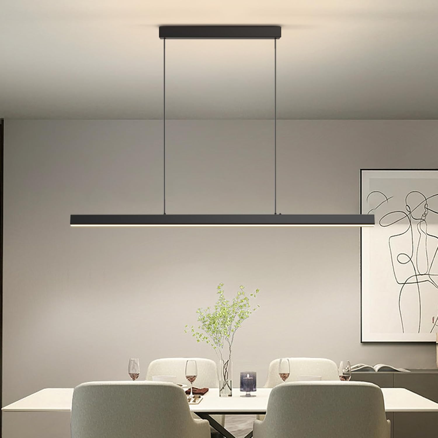 Modern Ceiling Pendant Lights,71in LED Black Linear Chandelier with Remote Control 3000k-6000K Adjustable Color Temperature,Island Lighting Hanging Light for Kitchen,Dining Room,Living Room