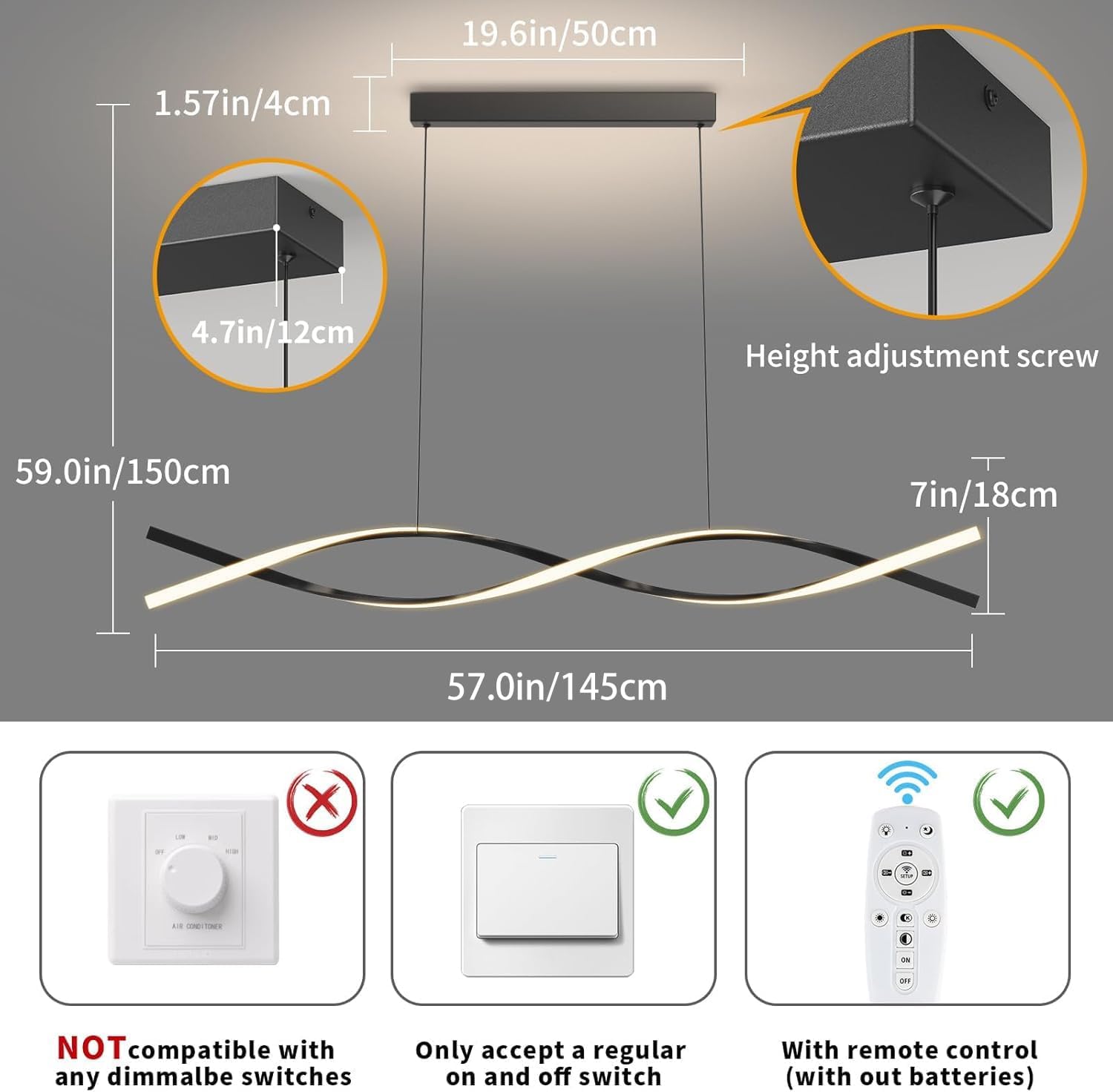Modern Ceiling Pendant Lights, 57in Chandelier Dimmable with Remote Control 3000k-6000K Adjustable Color Temperature, Aluminum Island Lighting Lamp Fixture for Kitchen, Dining Room