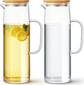 Hsei 2 Sets Glass Pitcher with Lid, 50 oz / 1500 ml Water Carafe with Handles Hot Cold Beverage Water Jar Glass Jug for Tea Juice Milk Coffee Iced Beverage