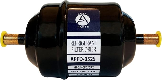 Appli Parts APFD-052S 1/4 in Liquid Line Refrigerant AC Filter Drier hvac Refrigeration 052S ODF Sweat Solder connection universal unidirectional 4-1/2 in long 2 in wide