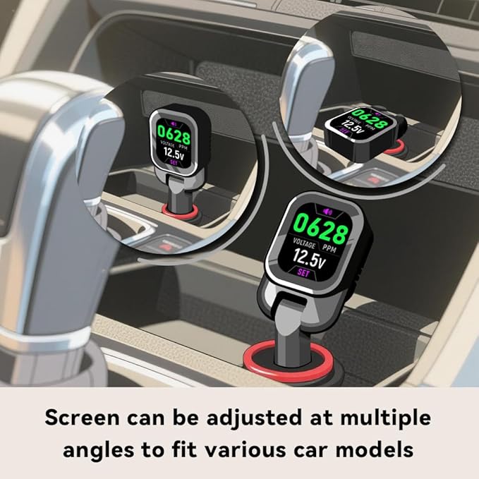 Car CO2 Monitor, Plug-in, No Battery Needed, Real-Time 10s Sampling, Rotatable Color Screen, Beep Alarm for High CO2, Fits 12V/24V Vehicles