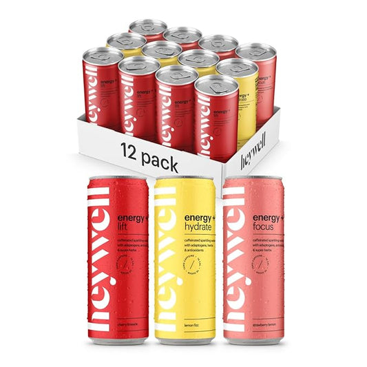 Heywell Sparkling Adaptogenic, Water Energy and Focus, Energy Variety Pack, 12 Fluid Ounce (Pack of 12) - Caffeinated, Organic, Non GMO, Vegan, Gluten Free, Dairy Free-FlexoryFit